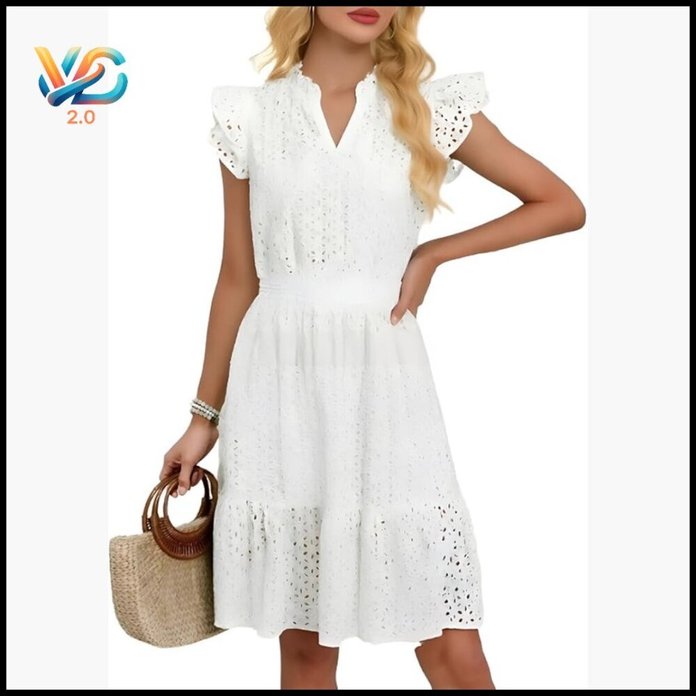 Summer Boho Dress V-Neck Ruffle Sleeve Mini Casual Beach Vacation